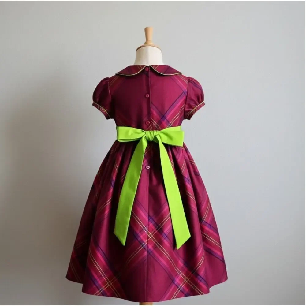 Lilly Pulitzer Girls Size 5 | 100% Silk Plaid Dress | Raspberry & Lime Green